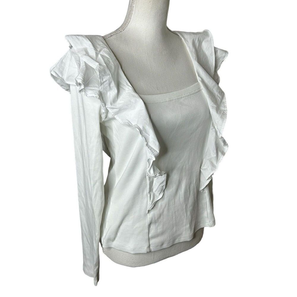 VERONICA BEARD Jeans Gidea White Ribbed Rib Knit Ruffle Cotton Poplin Top M - Picture 7 of 10
